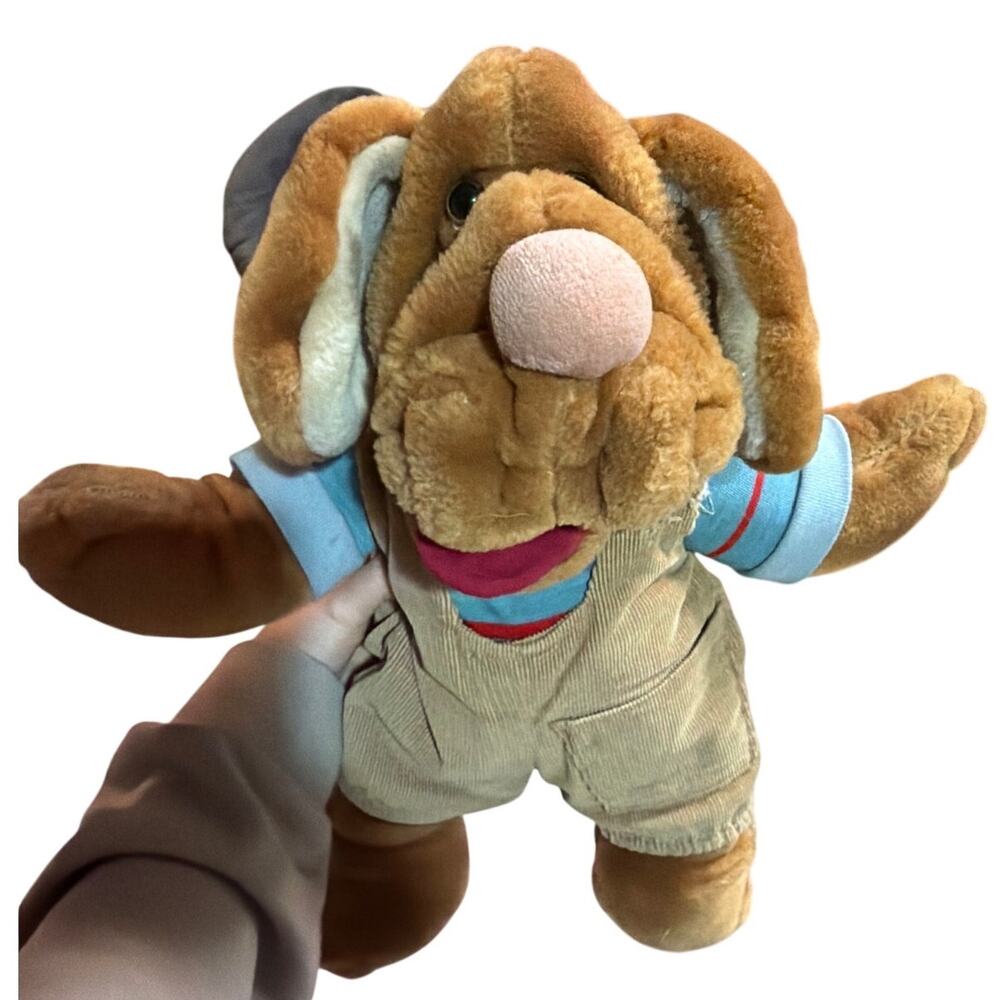 Vtg 1981 Ganz Wrinkles 17" Puppet Puppy plush Overalls Leather Tag 6278315